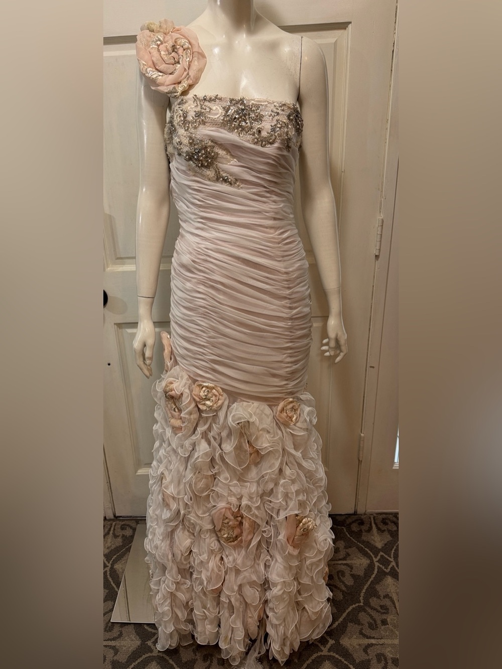 Mac Duggal Strapless Blush Pink Floral Ruffle Mermaid Gown Size 8